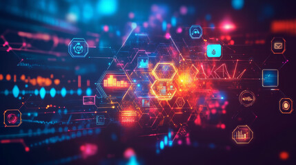 Obraz premium Collaborative development, isometric business concept vector. Holographic interface icons shield, clock, light bulb, gear and wrench with connections on ultraviolet background