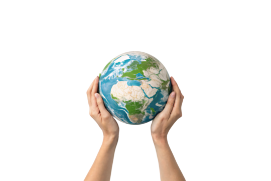 Two hands cradle a globe showing Europe, Africa, and Asia, symbolizing environmental responsibility, global unity, and the protection of Earth's natural resources, isolated on a transparent background