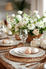 Fototapeta premium An elegantly set table for a family Easter celebration, featuring white tableware and simple eggs, creating a serene and festive atmosphere