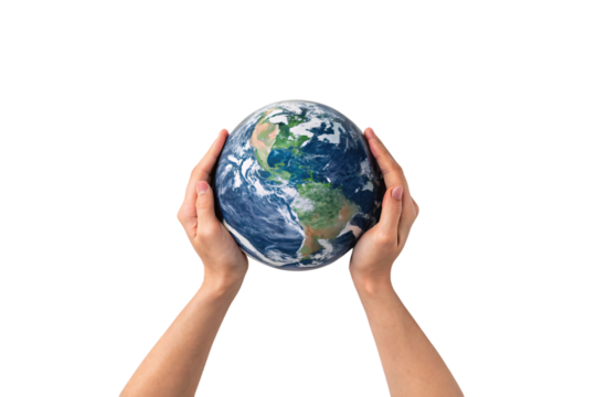 Two hands gently cradle a realistic Earth, symbolizing global responsibility, climate action, and the importance of protecting our planet for future generations, isolated on a transparent background