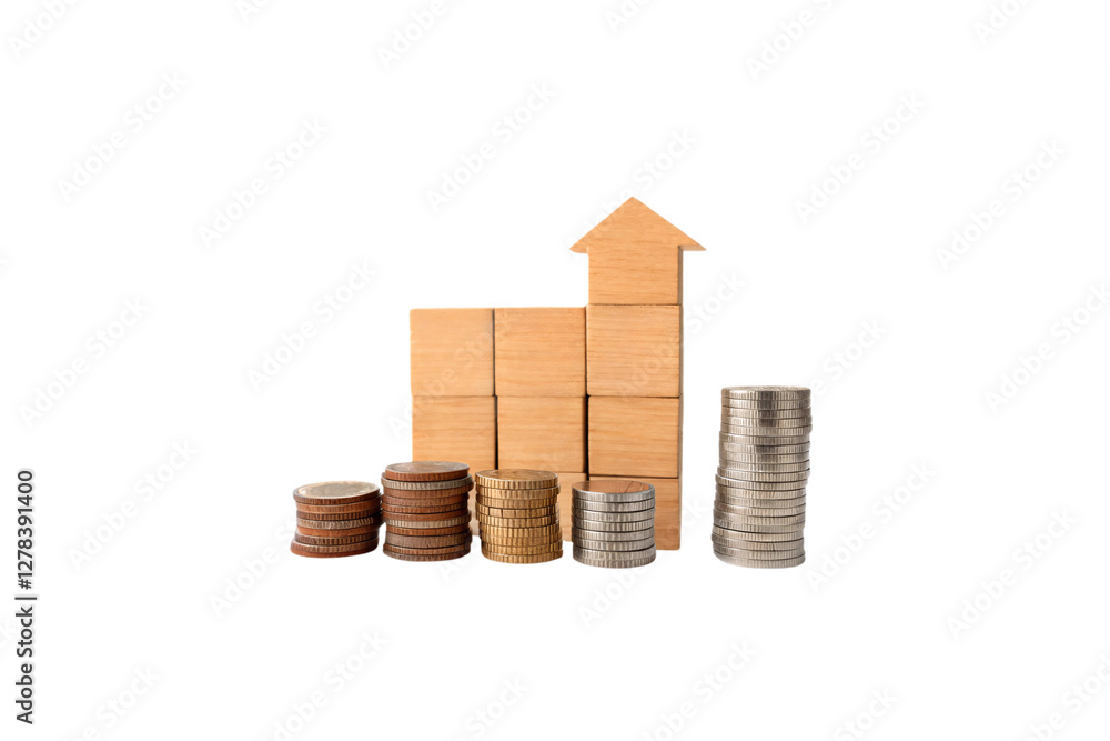Poster wooden blocks form an arrow pointing up, with stacked coins increasing in height. this represents fi