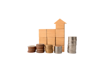Wooden blocks form an arrow pointing up, with stacked coins increasing in height. This represents financial success, business growth, isolated on a transparent background