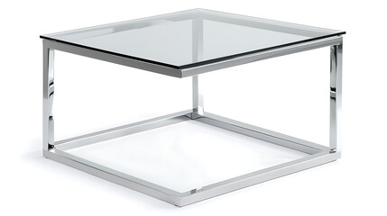 A contemporary glass coffee table with a chrome frame, isolated on a white background.

