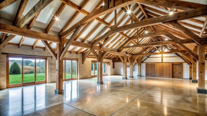 Naklejka premium Rustic barn conversion with exposed wooden beams and modern concrete flooring, reclaimed wood, home renovation ideas