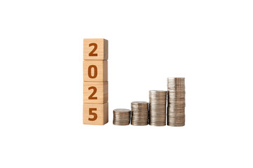 Wooden blocks spell 2025 beside increasing stacks of coins. The arrangement suggests financial growth and progress, highlighting potential wealth accumulation, isolated on a transparent background