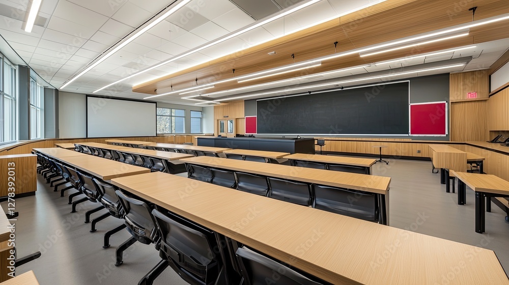 Poster an empty modern classroom with rows of wooden desks and a large chalkboard, copy space.