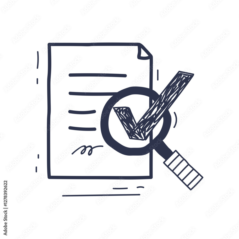 Poster a magnifying glass over a document with a check mark, symbolizing scrutiny and approval.