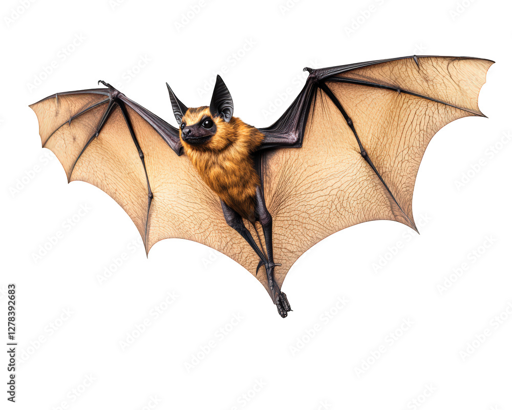 Poster realistic flying bat with fully extended wings showcases intricate details and textures. its unique 