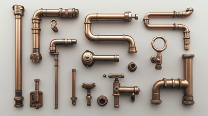 Copper water pipes, plumbing pipeline elements with taps, valve and connectors isolated on transparent background. Vector realistic set of 3d brass tubes for plumbing or drain system