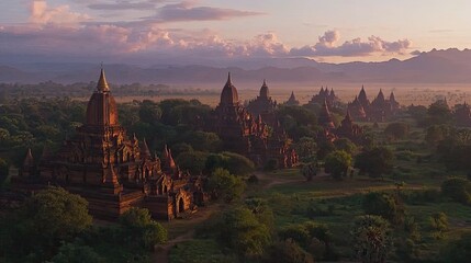 Bagan temples in Myanmar at sunrise, ancient pagodas covered in mist, no people, copy space.