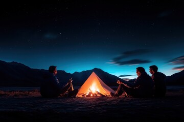 Night camping friends bonfire starry mountains