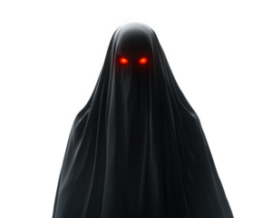 shadowy ghost figure with glowing red eyes, evoking sense of mystery and fear. This eerie presence captures imagination and adds supernatural element to any scene