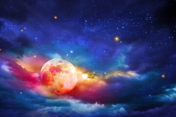 Starry full moon night sky with abstract clouds.