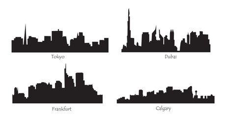 Set of skyline silhouettes of different cities, Calgary, Tokyo, Dubai, Frankfurt. Cityscape black vector illustrations isolated on transparent background