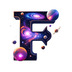A cosmic 3D letter    F   floating in space, made of swirling galaxies, shimmering stars,