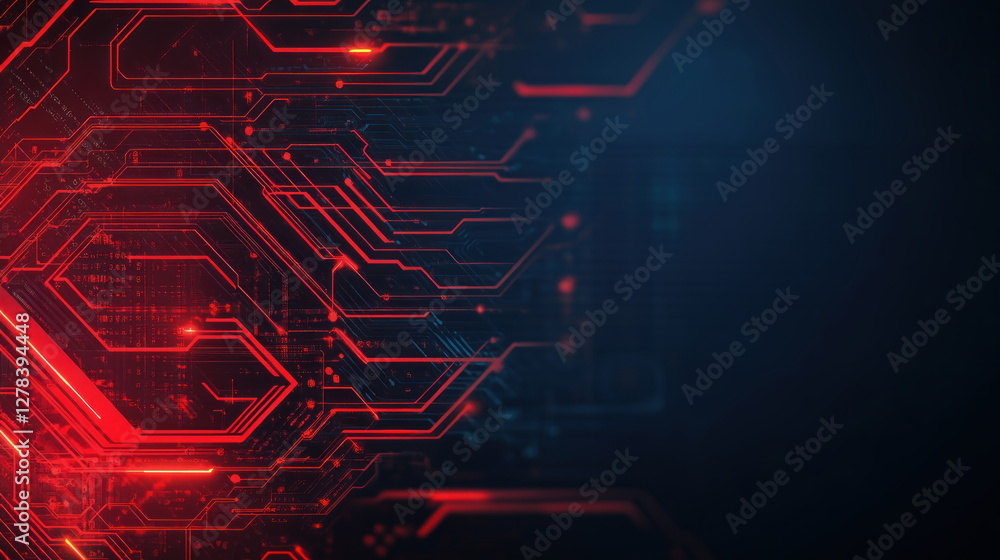 Poster Futuristic Circuit Design with Red Lines on Dark Background