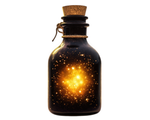 Medieval potion bottle with glowing liquid, magical essence inside, enchanting and mysterious, perfect for fantasy themes