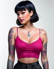 Fototapeta premium studio portrait of a brunette short haired tattoed model with nude shoulders wearing a low cut pink fuchsia top on white background