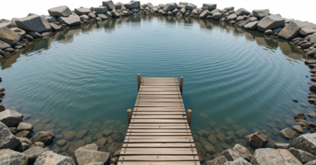 Serene Lakeside Wooden Dock Pathway Surrounded by Rocks and Calm Teal Water