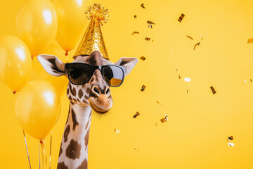 Funny cute giraffe wearing sunglasses holding happy birthday balloons and confetti explosion flying around greeting card on vibrant yellow background with copy space