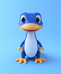 A detailed close-up of a vibrant blue toy frog featuring bright yellow feet, showcasing its playful design and colorful aesthetic.