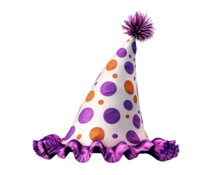 colorful clown style party hat with polka dots and fluffy pom pom, perfect for celebrations and festive occasions