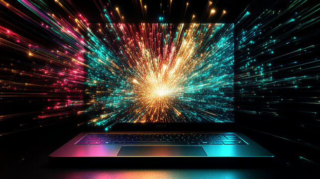 A laptop with colorful particles bursting out of the screen, symbolizing digital creativity, data explosion, and advanced technology, with vibrant light trails and motion effects.