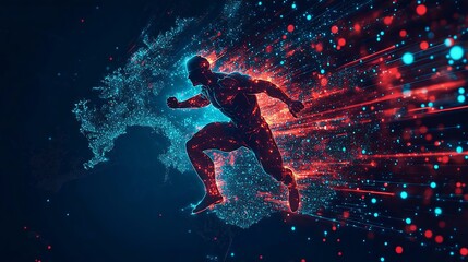 Naklejka premium Dynamic digital art showcasing a male athlete in motion, surrounded by vibrant glowing particles and abstract lines, symbolizing speed and energy.