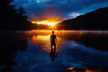 Fototapeta premium Boy lake sunrise misty nature contemplation