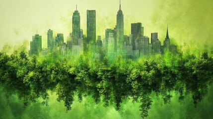Green city skyline, nature reclaiming urban space, environmental hope