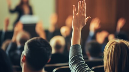 Engaged Audience with Raised Hands in a Conference Setting