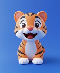 A small plastic tiger toy is placed on a vibrant blue surface, showcasing its bright colors and playful design.
