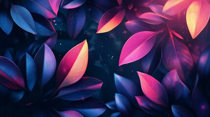 Fototapeta premium Vibrant, colorful leaves intertwined against a dark background, creating a surreal and magical atmosphere filled with glowing hues.
