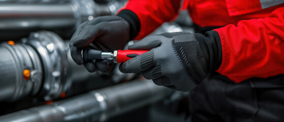 Worker using a tool on industrial pipes in a mechanical setting.
