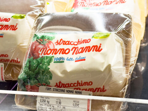 Stracchino nonno nanni cheese packaging in grocery store display