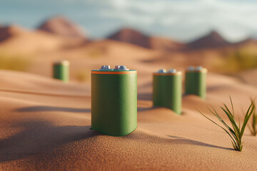 Several green batteries scattered across a barren desert terrain, contrasting with the surrounding sandy environment, renewable energy concept