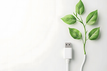 A USB cable merges with green leaves, symbolizing the connection between technology and nature. light, minimalistic background.