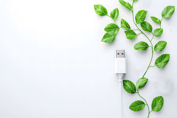 A white USB cable lying next to vibrant green leaves on a light gray background, symbolizing technology and nature's harmony.