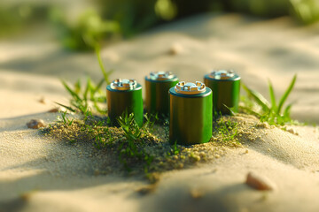 Five green batteries are nestled in sandy soil, surrounded by small plants and grass, suggesting a blend of technology and nature.