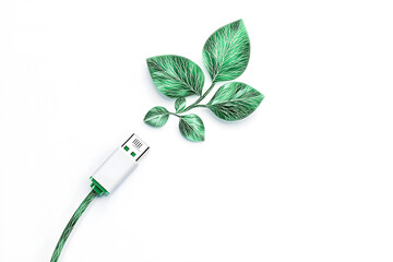 A USB cable with a green connector blends into green leaves, symbolizing technology's connection to nature. In a white background 
