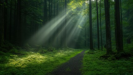 Fototapeta premium Sunbeams Through Forest Canopy Illuminating Path