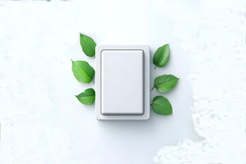 A minimalist white light switch surrounded by green leaves in a plain white background, symbolizing eco-friendliness and sustainable design.