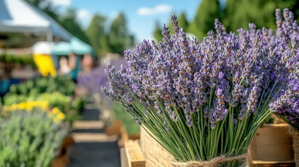 Fototapeta premium Vibrant Purple Lavender Bouquets in Rustic Wooden Crates at Sunny Outdoor Market