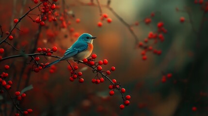 Obraz premium A Stunning Blue Bird on a Branch with Red Berries