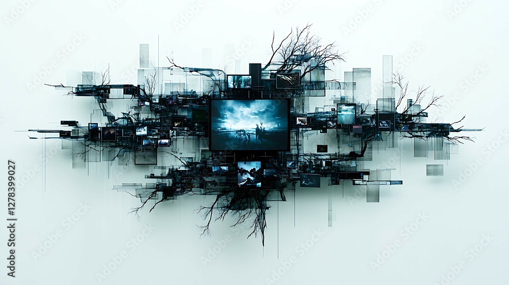 Poster a modern art installation featuring an abstract composition with digital screens and intricate desig