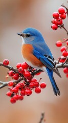 Obraz premium Stunning Blue Bird with Red Berries - A Nature's Embrace