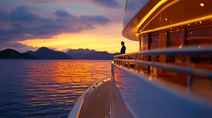 Man on luxury yacht at sunset, island backdrop, travel ad