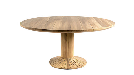 A minimalist round dining table made of natural wood with a smooth surface on  white background.