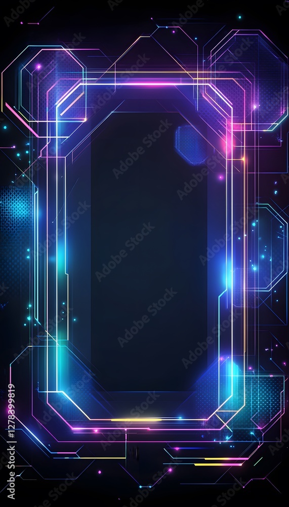 Poster futuristic frame illuminated with glowing neon lines and geometrical shapes