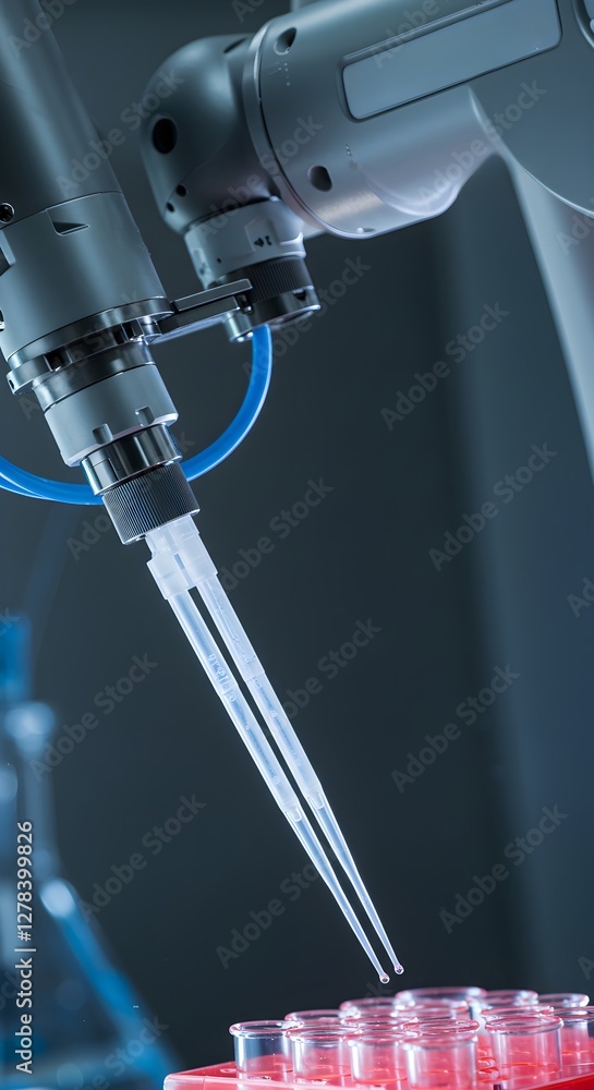 Poster robotic arm performing laboratory analysis of medical samples in test tubes. automated testing equip